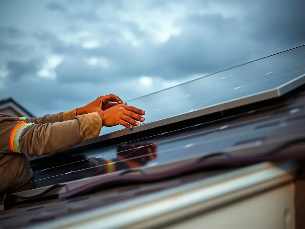 A close-up of a solar panel being replaced on a roof, with a focus on the hands of the technician and the secure mounting of the new panel.