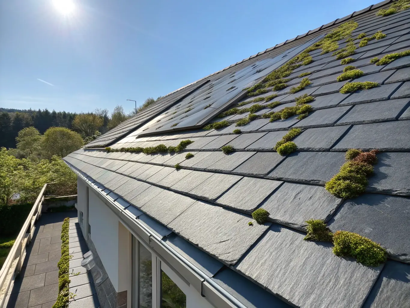 A newly installed asphalt shingle roof on a residential home, showcasing clean lines and professional installation by Gomez Roofing.