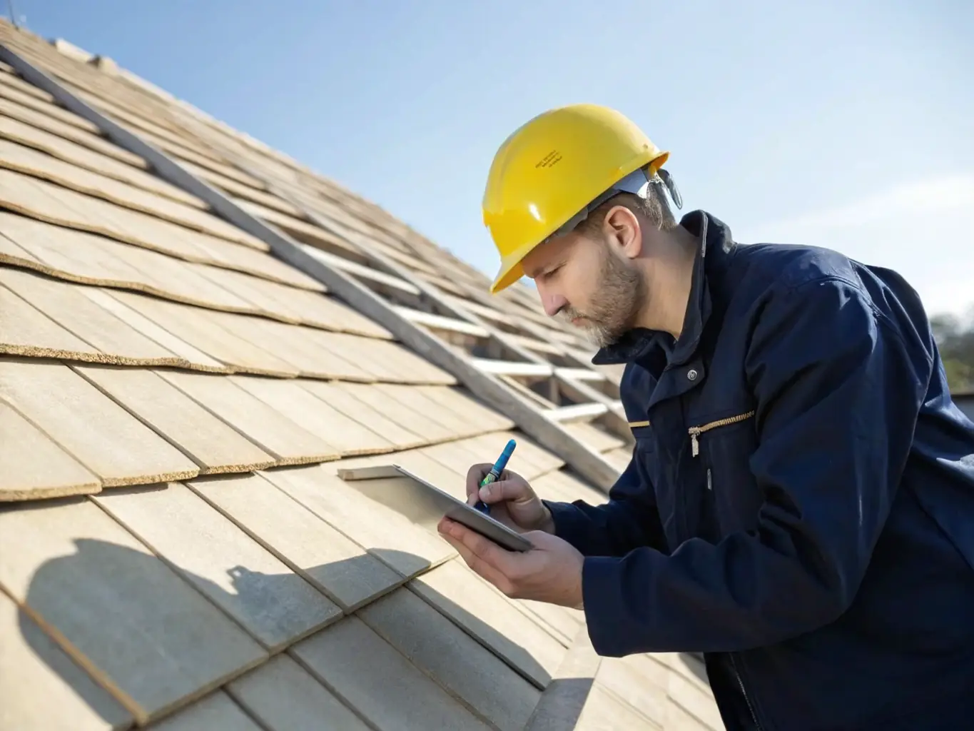 A Gomez Roofing technician repairing a damaged tile roof, with safety equipment and tools visible.