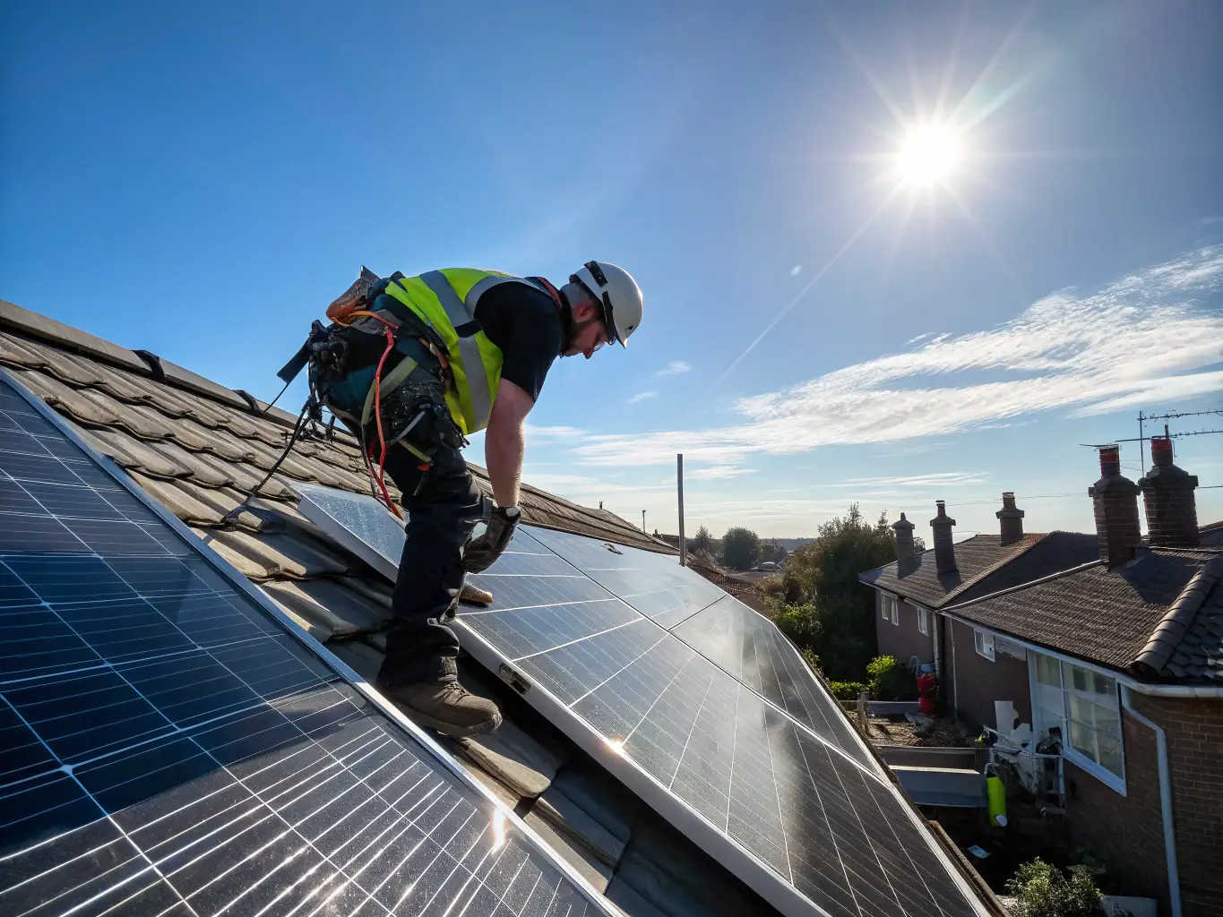 A technician inspecting solar panels on a residential roof, with tools and safety equipment visible. The focus is on the meticulous maintenance and diagnostic process.