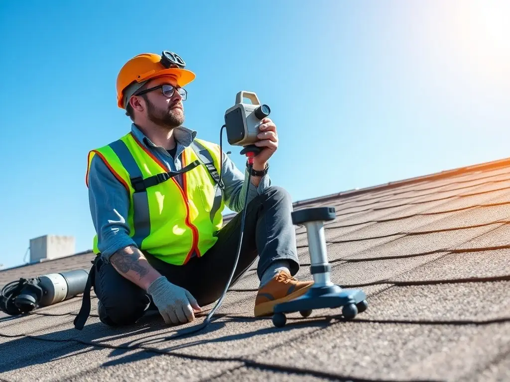 A Gomez Roofing technician carefully inspecting a roof for damage, with tools and safety equipment visible, emphasizing their commitment to thorough and reliable roof repair services.