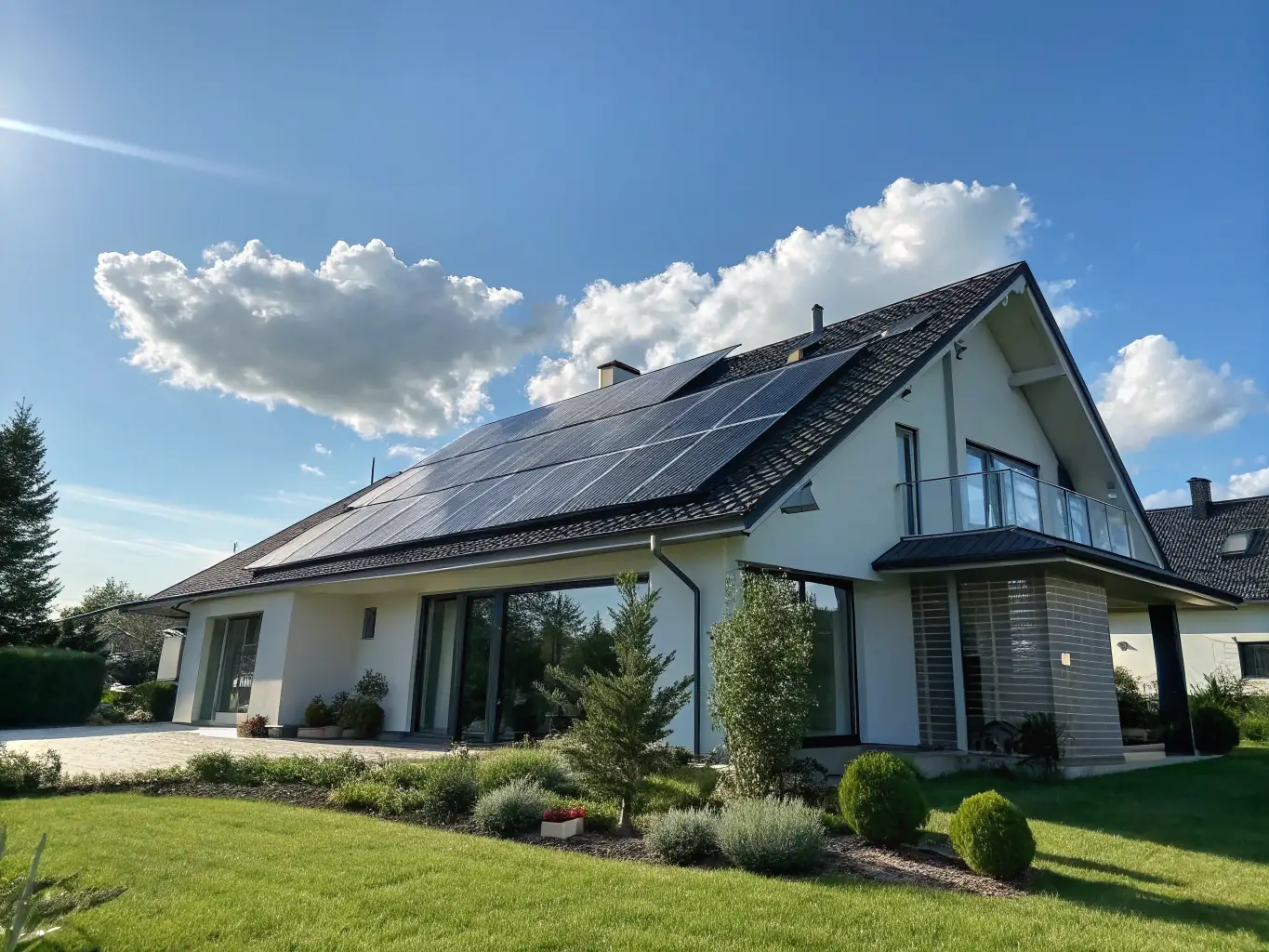 A modern home with sleek solar panels installed on the roof, reflecting the sunlight. The sky is clear and blue, indicating optimal conditions for solar energy generation.