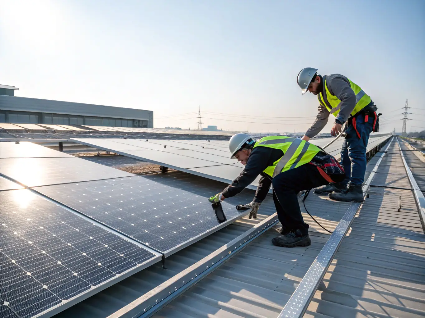 A worker removing an old solar panel from a roof and replacing it with a new, high-efficiency panel, demonstrating the upgrade process.
